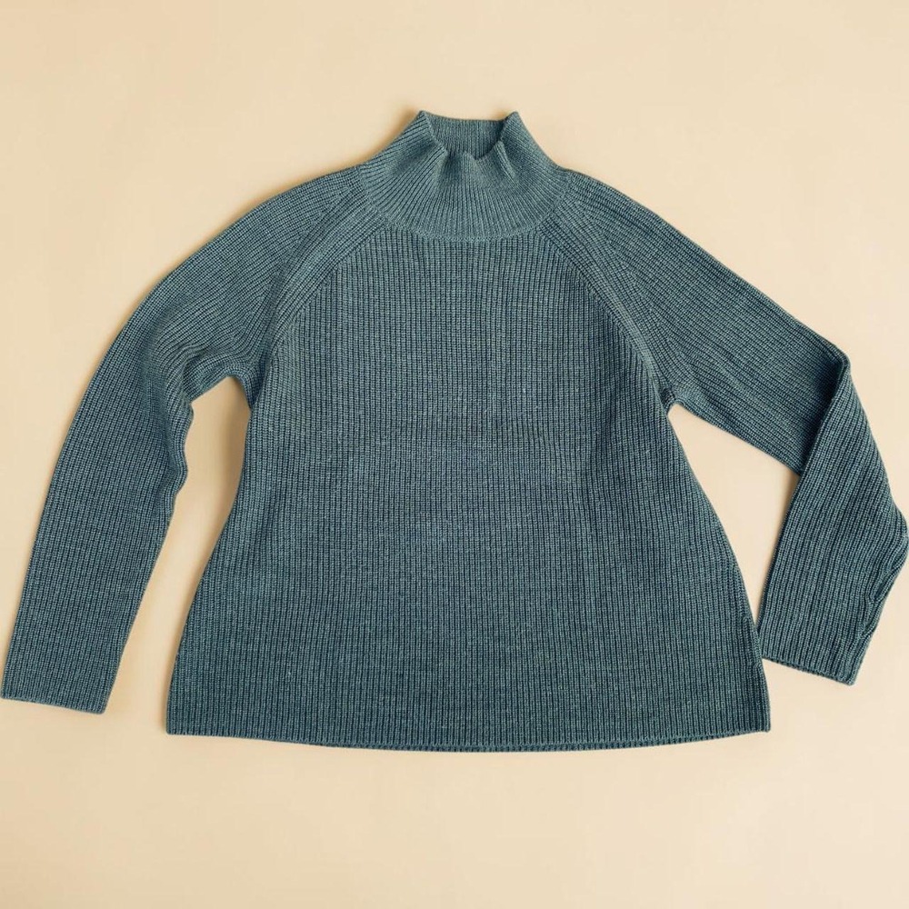 Eileen Fisher 100% Extra Fine Merino Wool Mock Neck Green Sweater XS